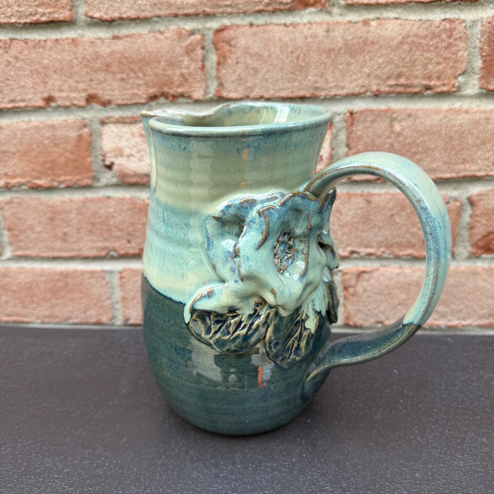 Studio Pottery Floral Pitcher Medium Salt Green Glazed Stoneware Art Deco Signed